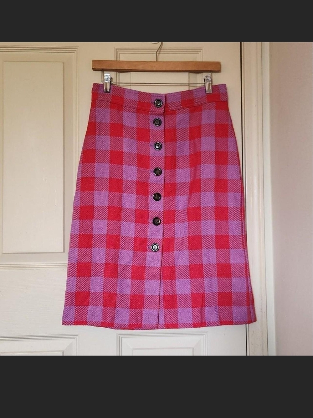 Ann Taylor Button-Front Pink and Red Check A-Line Skirt Petite 8P